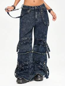 ROMWE Grunge Punk Quần jean ống rộng nữ phong cách đường phố punk, trang trí bằng ruy băng và dây kim loại. - Màu xanh lam - Xem 6