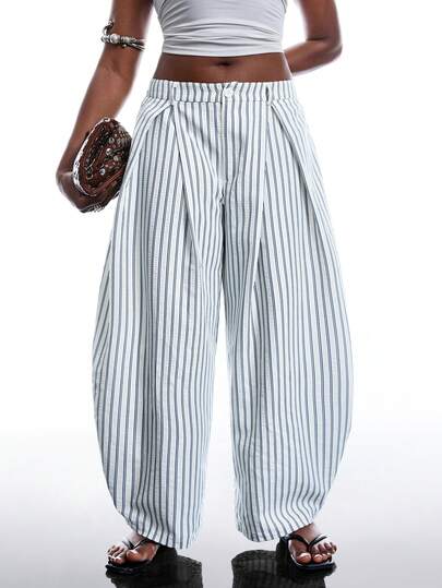 SHEIN EZwear Pantalones anchos de pierna ancha con dobladillo acampanado, de estilo casual y holgado a rayas, adecuados para vacaciones de primavera/verano en tallas grandes