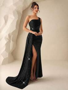 Coutiva 女士亮片设计单肩开衩正式晚礼服 - 黑色 - 查看 5