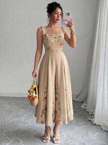 de patchwork en la cintura para mujer, elegante para vacaciones, ir al trabajo y uso diario, sin mangas - Caqui - Ver 10