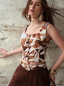 MOTF PREMIUM WOMEN'S LINEN ALL OVER PRINTED WOODEN BUTTON DESIGN TOP, SPRING/SUMMER - Brown - View 2