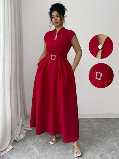 Elenzga Vestido maxi de talla grande para mujer, de /verano, con cuello de corazón, sin mangas, con pliegues en la cintura, hebilla en la cintura, falda acampanada y bolsillos, en color liso, para ocasiones casuales, de vacaciones, tardes de té, San Valentín y fiestas, con estilo romántico francés y elegante de Sicilia