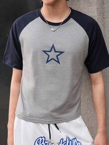 Open Phase 男士T恤圓領短袖短款圖案T恤，夏季休閒性感純棉 - 灰色 - 查看 5