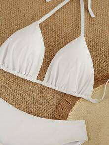 Swim Vcay Bộ bikini 3 mảnh màu trơn gợi cảm, thanh lịch dành cho nữ cỡ lớn, kiểu dáng bohemian, cổ yếm, tam giác, thích hợp cho kỳ nghỉ hè ở bãi biển. - trắng - Xem 5