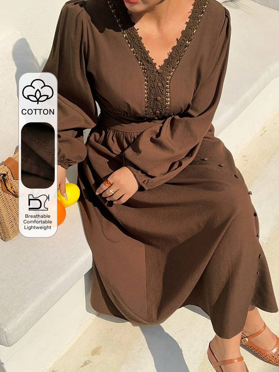 Dazy Plus 大码女式撞色蕾丝V领长袖优雅连衣裙 - 棕色 - 查看 1