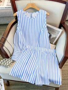 GlowEve CURVE Women's Summer 2-Piece Set, White Striped Linen-Like Fabric, Casual Vacation, Daily Leisure Smart Casual Minimalist Beach Formal Loose Cooling Set - Blue and White - View 1