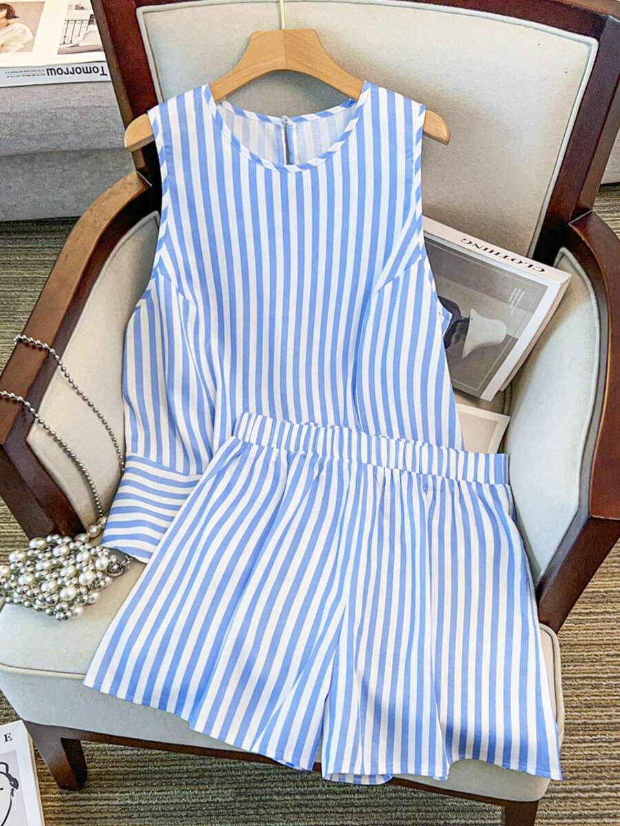 GlowEve CURVE Women's Summer 2-Piece Set, White Striped Linen-Like Fabric, Casual Vacation, Daily Leisure Smart Casual Minimalist Beach Formal Loose Cooling Set - Blue and White - View 1
