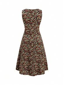 Ellevyn Round Neck Sleeveless Pleated A-Line Dress, Elegant Retro Dress For Daily Wear - Multicolor - View 2