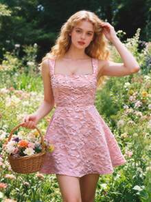 SHEIN Đầm dệt jacquard màu hồng, kiểu dáng thanh lịch, thường ngày. - Hồng - Xem 5