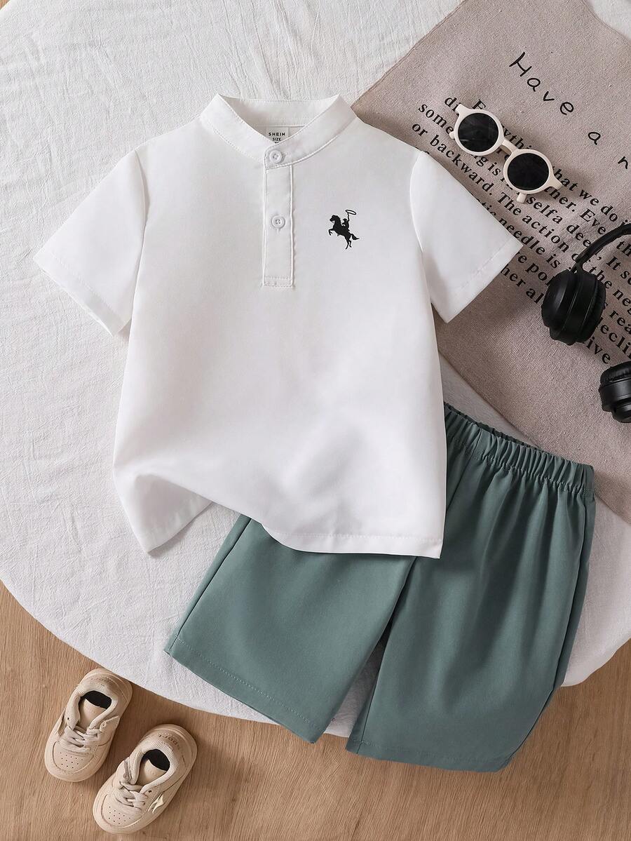 SHEIN Explorewe Young Boy Knight Print Button-Up Short Sleeve T-Shirt And Shorts Casual Set - Green - View 1