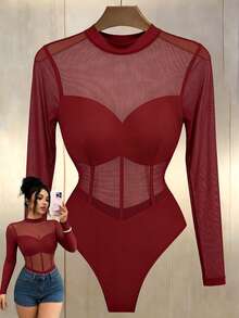 Elenzga 新款女士网纱拼接针织长袖连体衣，性感优雅，适合度假、派对、约会等场合。 - 酒紅色 - 查看 1