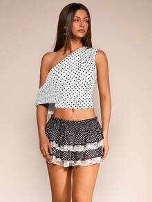 Glamine 女士褶皱露肩短款时尚波点印花上衣 秋季女装 返校季 可爱卡哇伊街头风 波点上衣 波点连衣裙 - 白色 - 查看 3