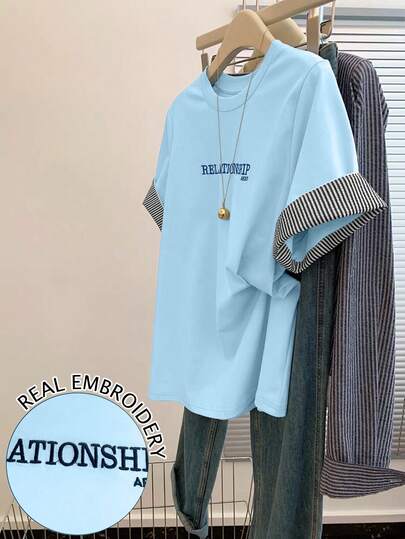 Resyla 女士T恤/女士蓝色撞色T恤/刺绣款/休闲日常/夏季