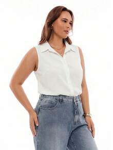 SHEIN EZwear Camisa De Talla Grande Sin Mangas unicolor, Perfecta Para Verano - Blanco - Ver 3