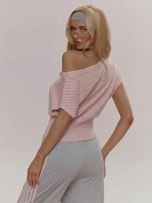 MUSERA 不对称露肩蝙蝠袖罗纹收腰针织可爱少女性感春冬日常外出糖果色 - 淺粉色 - 查看 4