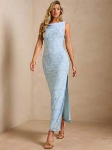Spring/Summer Romantic Women's Jacquard Blue Backless Side Slit Sleeveless Maxi Dress,Sweet&Elegant For Vacation&Date&Holiday&Going Out,Spring Outfit Women - Gray Blue - View 1