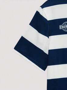 Open Phase 男士简约蓝白条纹学院风字母 Polo 衫，适合上学、外出和送朋友礼物 - 藍色 - 查看 5