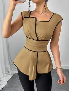 SHEIN Clasi 女士休闲褶裥边饰百搭日常衬衫 - 棕色 - 查看 6