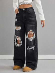 Tween Girls Blue Distressed Loose Fit Jeans - Black - View 3
