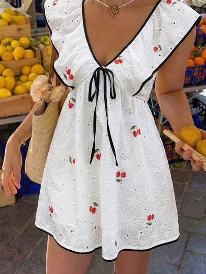 Selianne Standard Size Women's Spring/Summer Contrast Color Tie Waist Textured Fabric Cherry Print A-Line Dress