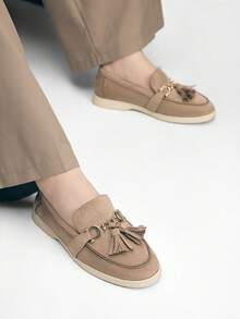 Mnmlis Women's Metal Decor Tassel Design Casual Versatile Fashion Flat Shoes - Dark Grey - View 6