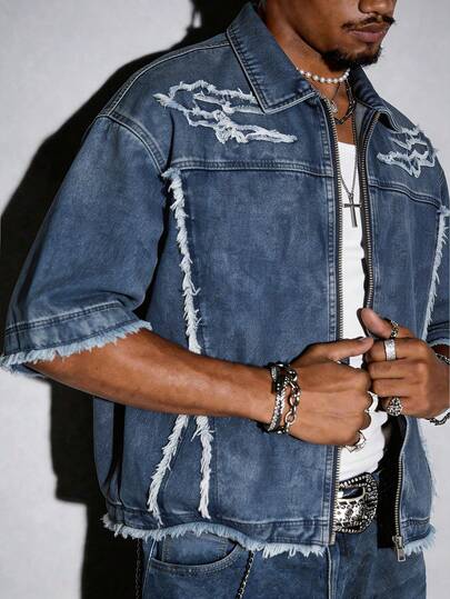 ROMWE MEN Street Life Men's Solid Color Frayed Edge Zip-Up Casual Short Sleeve Denim Jacket