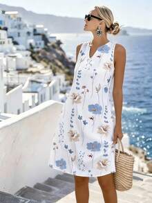 Breezaya Vestido de verano para mujer sin mangas con cuello en V y estampado floral (flores cortadas al azar) - Blanco - Ver 3