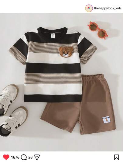 THE HAPPY LOOK Young Girl Cartoon Bear Print Striped Hooded Short Sleeve Top And Elastic Waist Jogger Pants 2 Pieces Set