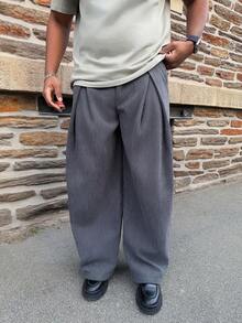 Heavens Edit Pantalon ample à plis à la taille, boucle de ceinture, poches en velours côtelé, couleur unie pour hommes - Gris - Voir 3