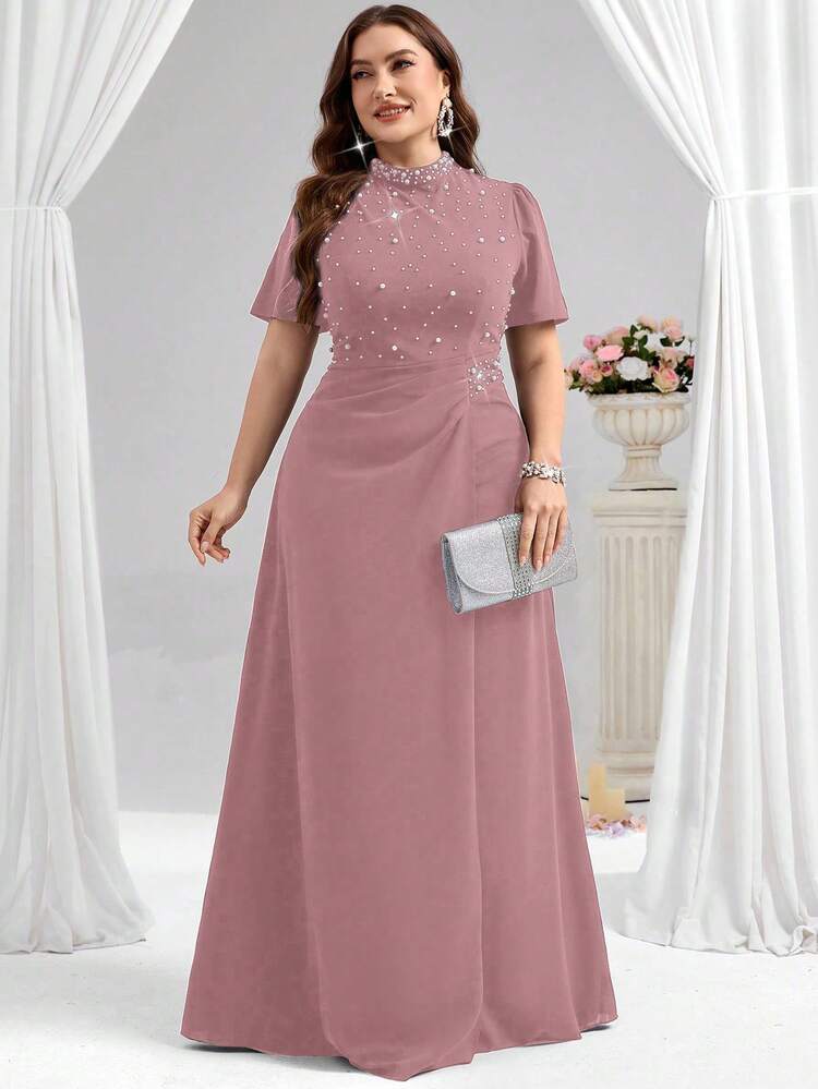 Coutiva Plus Size Women's Faux Pearl Decor Short Sleeve Elegant Formal Evening Gown (Embellished) Dusty Pink Pearl Beaded High Neck Maxi Evening Gown Prom & Graduation Dusty Pink Modest Formal Gown Vintage Modest High Neck Pearl Beaded Dress Elegant High Neck & Ruched Waist Maxi Silhouette Spring Wedding Guest Modest Glam Outfit Date Night Modest Elegant Maxi Dress Gala Event Formal Dusty Pink Evening Gown Anniversary Dinner Romantic Formal Gown High Neckline With Short Sleeves & Ruched Waist Detail Plu - Dusty Pink - View 4