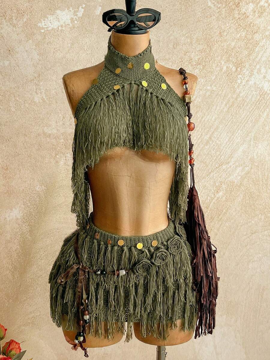 Soleia Fringe Detail Knit Top, Ibiza Style, Sexy Holiday Celebration Knit Vacation, Autumn/Winter - Army Green - View 1