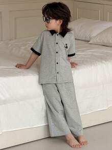 DAZY 男童条纹短袖纽扣上衣和裤子睡衣套装 - 灰色 - 查看 5