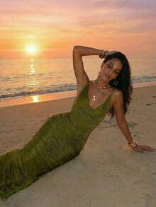 Aloruh 女士春夏新款绿色罩衫连衣裙，橄榄绿连衣裙，深V流苏连衣裙，奢华装饰派对连衣裙，性感优雅薄纱沙滩裙 - 橄欖綠 - 查看 1