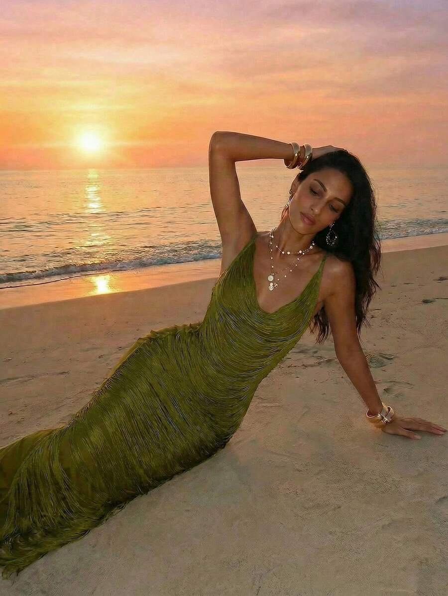 Aloruh 女士春夏新款绿色罩衫连衣裙，橄榄绿连衣裙，深V流苏连衣裙，奢华装饰派对连衣裙，性感优雅薄纱沙滩裙 - 橄欖綠 - 查看 1