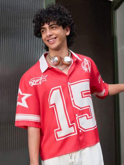 Open Phase 男士街头风格红白对比 15# 运动印花图案衬衫