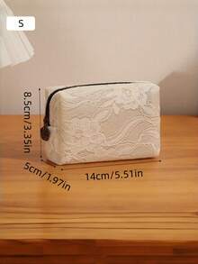 1pc/3pcs Elegant Lace Cosmetic Bag, Women's Large Capacity Waterproof Travel Makeup Organizer, Holiday Mesh Design Gift Pouch ,Makeup Bag - Beige - View 12