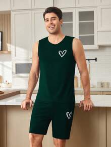 Men's Casual Heart Print Sleeveless Tank Top And Pajama Set, Minimalist - Dark Green - View 6