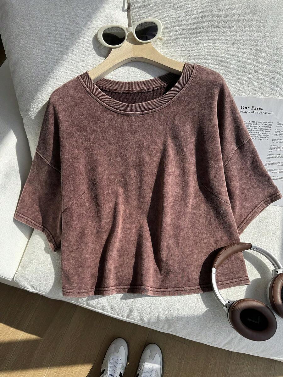 Comfortcana Plus Size Brown Washed Snow Flake Short Sleeve T-Shirt, Summer Holiday Smart Casual - Coffee Brown - View 1