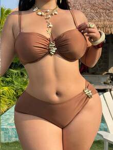 Swim SXY Plus Size Women Summer Beach Solid Color Metal Decor Halter Tie Sexy Bikini And Triangle Briefs Swimwear Set - Coffee Brown - View 6
