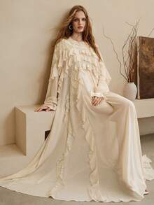 Women's Chiffon & Lace Patchwork Dress, Round Neck Raglan Sleeve Loose Sheer Ruffle Hem Design, Casual Daily Dress - Apricot - View 3
