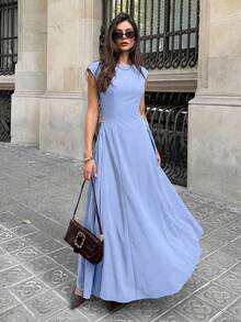 Aloruh Women's Dress, Blue Maillard Color Tone, Fashionable Elegant Modern Boat Neck Cap Sleeve Umbrella Dress,Summer Dresses For Women - Baby Blue - View 4