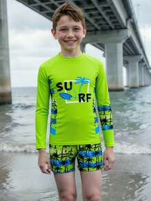 SHEIN Boys' Swimwear,Tropical Palm Tree & Letter Print Long Sleeve Rash Guard And Swim Trunks 2-Piece Set,Lime Green Summer Funny Beach Vacation Holiday - Green - View 5