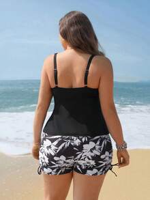 Swim Lushoire Plus Size Women's Printed Tankini Swimwear 2 Pieces Set, Metal Decor, Modest Style For Beach, Pool, Swimming, Sports - Multicolor - View 2