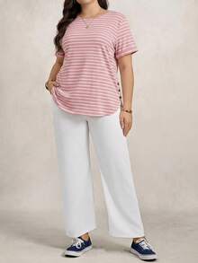 Zelara 大码圆领条纹印花短袖休闲日常秋季T恤旅行装机场穿搭 - 粉色 - 查看 4