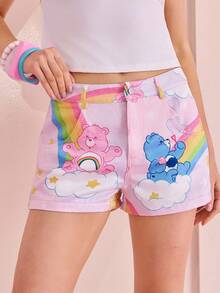 SHEIN X Care Bears 女士卡通图案口袋纽扣休闲百搭日常牛仔短裤 - 彩色 - 查看 3