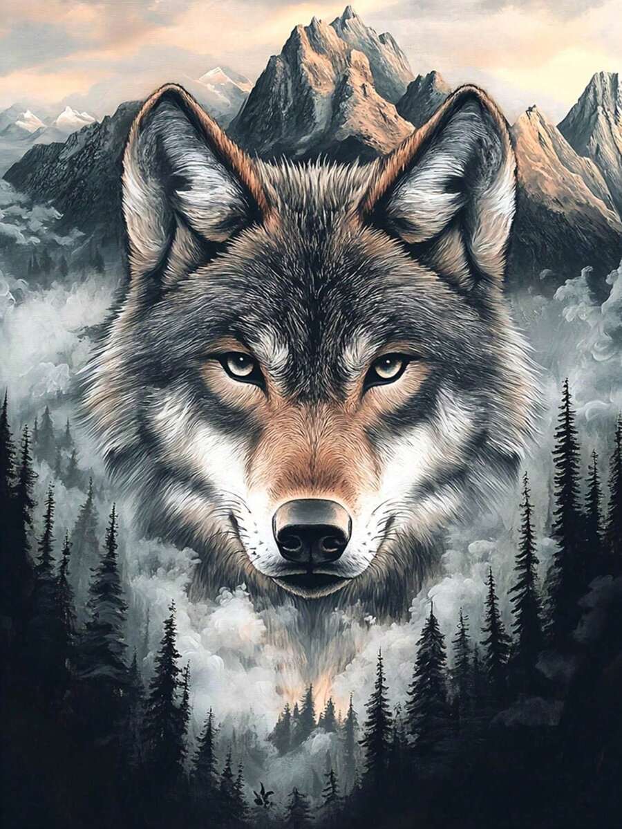 1 Stück 40x50cm/15,74x19,68 Zoll 5D Wolf Totem Diamant Malerei Set, rahmenloses Acryl Voll-Diamant Rund DIY Handwerk, Tier-Themen Mosaik Kunst geeignet für Wand Dekoration Zuhause. - Verschiedenfarbig - Übersicht 1