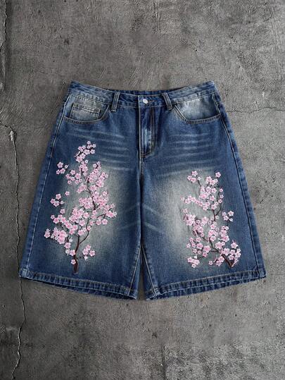 AXEPEAK Men's Fashionable Embroidered Pocket Denim Shorts
