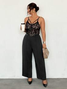Firerie Mono de pierna ancha con encaje de contraste para mujer de talla grande - Negro - Ver 8