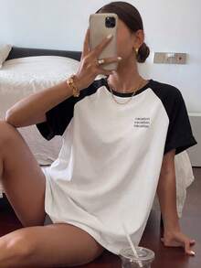 DAZY Letter Graphic Contrast Raglan Sleeve Tee - Black and White - View 5