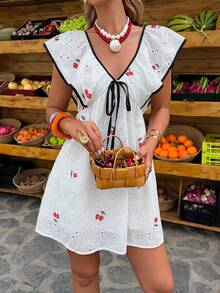 Selianne Vestido de línea A con estampado de cerezas, textura de tela y cintura con lazo, talla estándar para mujer, primavera/verano - Multicolor - Ver 3